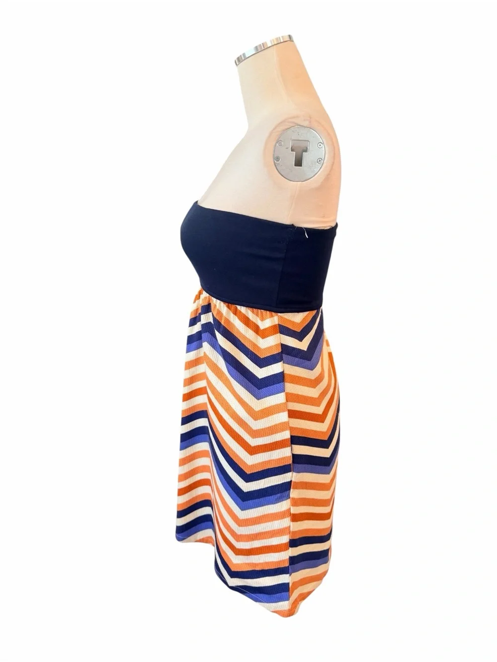 Anthropologie Judith March Navy Strapless Mini Dress Orange & White Chevron Sz S